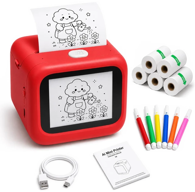 Main image of Sticker Maker for Kids, Portable Inkless Thermal Printer | Voicetoimage AI, 5 thermal rolls & 6 pencils, 7 art styles, screenfree play, DIY crafts, birthday gift for boys & girls