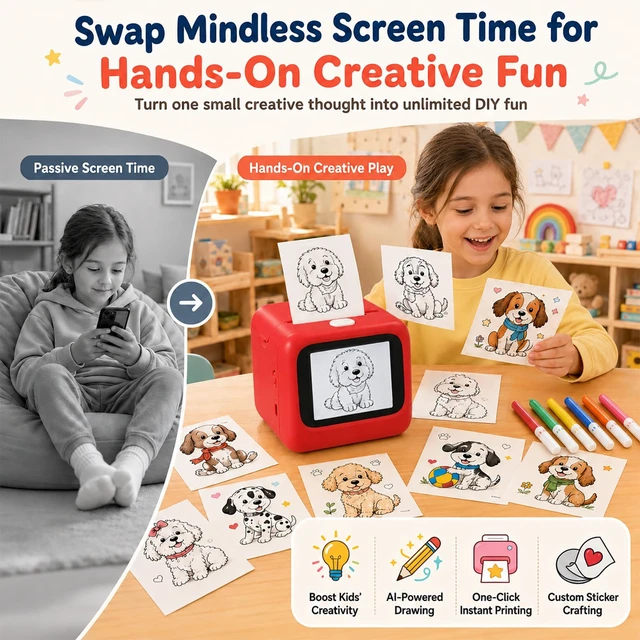 Alt view image 2 of 7 - Sticker Maker for Kids, Portable Inkless Thermal Printer | Voicetoimage AI, 5 thermal rolls & 6 pencils, 7 art styles, screenfree play, DIY crafts, birthday gift for boys & girls