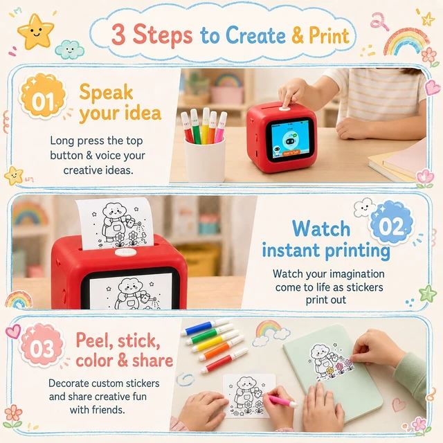 Alt view image 3 of 7 - Sticker Maker for Kids, Portable Inkless Thermal Printer | Voicetoimage AI, 5 thermal rolls & 6 pencils, 7 art styles, screenfree play, DIY crafts, birthday gift for boys & girls