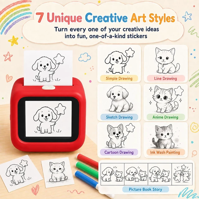 Alt view image 4 of 7 - Sticker Maker for Kids, Portable Inkless Thermal Printer | Voicetoimage AI, 5 thermal rolls & 6 pencils, 7 art styles, screenfree play, DIY crafts, birthday gift for boys & girls