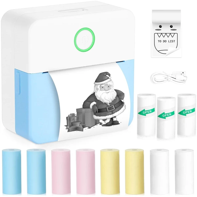 Main image of Mini Sticker Bluetooth Printer with 11 Rolls Paper, Pocket-Sized Inkless Printer for Photo, Memo, Travel (Blue)