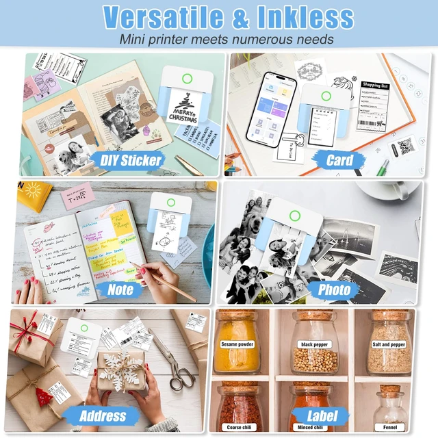 Alt view image 3 of 7 - Mini Sticker Bluetooth Printer with 11 Rolls Paper, Pocket-Sized Inkless Printer for Photo, Memo, Travel (Blue)