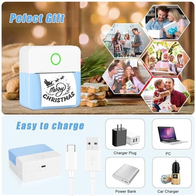 Alt view image 2 of 7 - Mini Sticker Bluetooth Printer with 11 Rolls Paper, Pocket-Sized Inkless Printer for Photo, Memo, Travel (Blue)