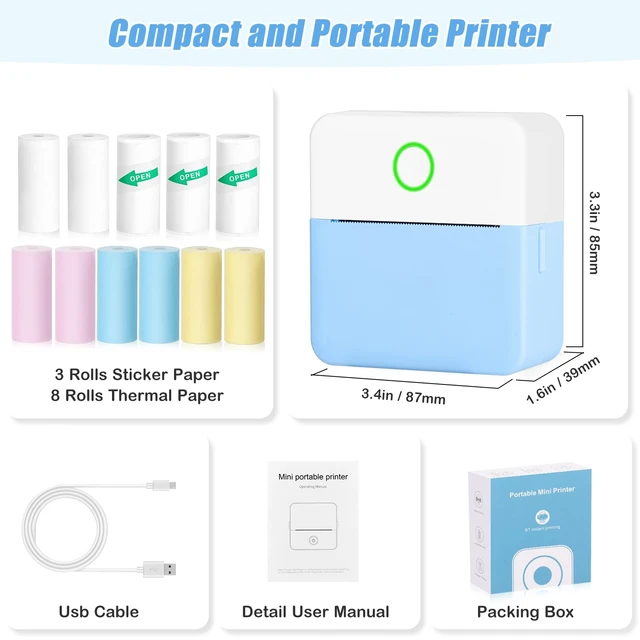 Alt view image 7 of 7 - Mini Sticker Bluetooth Printer with 11 Rolls Paper, Pocket-Sized Inkless Printer for Photo, Memo, Travel (Blue)