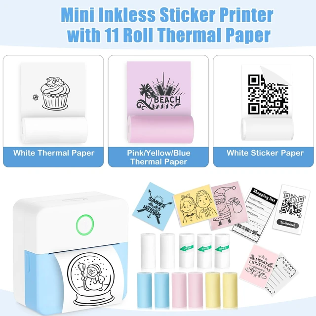 Alt view image 4 of 7 - Mini Sticker Bluetooth Printer with 11 Rolls Paper, Pocket-Sized Inkless Printer for Photo, Memo, Travel (Blue)