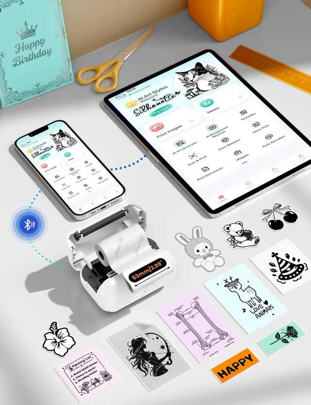 Alt view image 6 of 7 - Mini Sticker Printer, Q02E Inkless Portable Sticker Maker Machine | Bluetooth AI Sticker Maker for Kids Mini Thermal Printer Little Printer Print Pods for Study Note, Home, Office, School