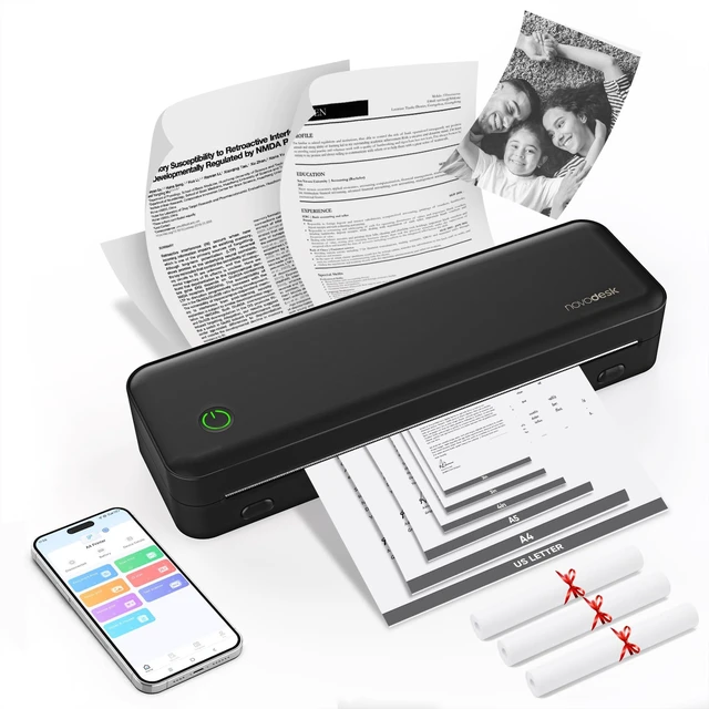 Main image of Portable Thermal Printer for Travel, Wireless Bluetooth Inkless | 3 rolls of A4 thermal paper, 300DPI, Supports 8.5"x11" US Letter,A4&A5 Paper,Android, iOS, Laptop