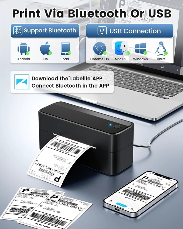 Alt view image 2 of 7 - Bluetooth Shipping Label Printer,241BT Label Printer & 20Pcs Labels | 4x6 Wireless Thermal Label Printer for Small Business & Package, Compatible with iPhone, Android, Shopify, USPS, Black