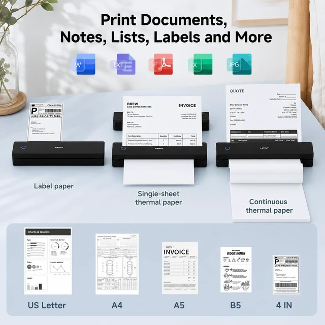 Alt view image 4 of 7 - MT610 Portable Printer, Wireless for Travel, Inkless Thermal, Black | Compatible with 8.5x11"" US Letter, A4, A5, for iPhone, Android, Laptop, Bluetooth, Home Use, 203DPI, Travel Printer
