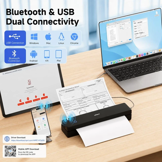 Alt view image 3 of 7 - MT610 Portable Printer, Wireless for Travel, Inkless Thermal, Black | Compatible with 8.5x11"" US Letter, A4, A5, for iPhone, Android, Laptop, Bluetooth, Home Use, 203DPI, Travel Printer