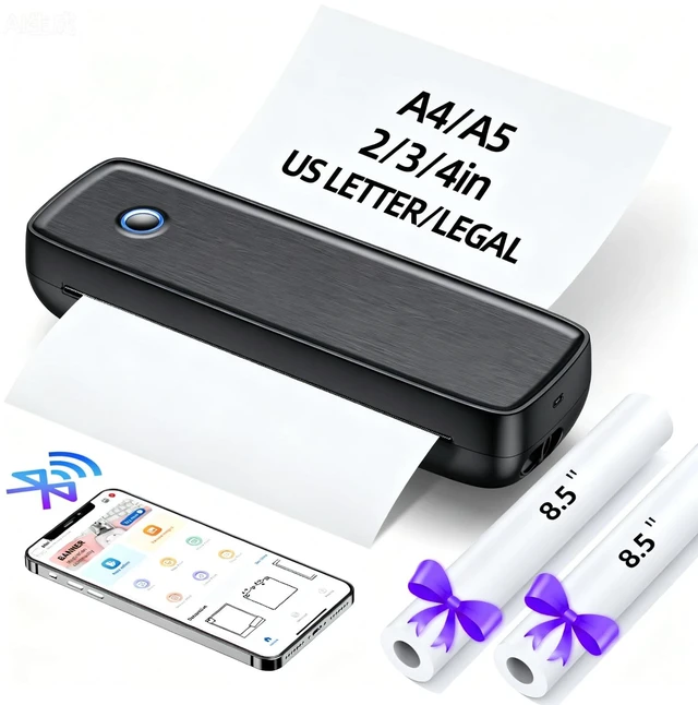 Main image of Portable Thermal Printer, Wireless & Bluetooth Mini Inkless Printer for Travel, Office, Home, Supports 8.5x11inch, Compatible with iPhone, Android, Laptop