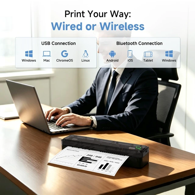 Alt view image 3 of 7 - A8 Portable Thermal Printer, Wireless Bluetooth Inkless Printer for Travel, Supports 8.5" x 11" US Letter and A4 Thermal Paper, Compatible with iPhone, Android, Windows, Mac