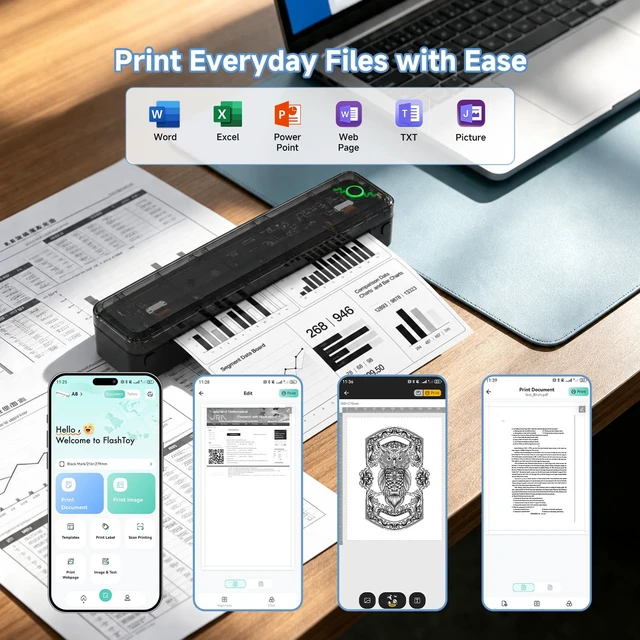 Alt view image 7 of 7 - A8 Portable Thermal Printer, Wireless Bluetooth Inkless Printer for Travel, Supports 8.5" x 11" US Letter and A4 Thermal Paper, Compatible with iPhone, Android, Windows, Mac