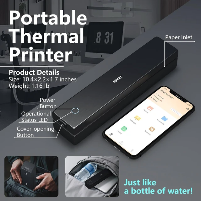 Alt view image 2 of 7 - 300DPI Portable Thermal Inkless Printer & 10sheets Black Matte | Supports Thermal Paper, Multi-User Bluetooth, Compatible with /Windows/Laptop for Home/School/Travel, Black & 10sheets