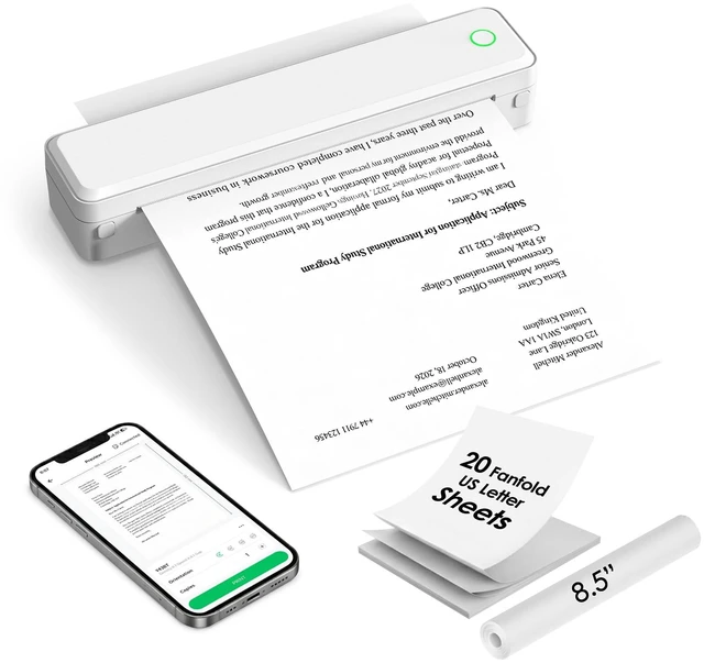 Main image of Portable Inkless Printer, Bluetooth Thermal Printer, 8.5x11 | Wireless Printer for Travel, Office and Home with 1 Roll and 20 US Letter Fanfold Sheets for Phones, Tablets and Laptops