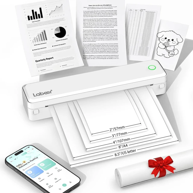 Main image of Portable Thermal Printer, Wireless Bluetooth Inkless Printer White | Supports Letter A4 A5 Paper, Mobile Printing for iPhone Android Laptop PC, Compact Printer for Travel Home Office Students
