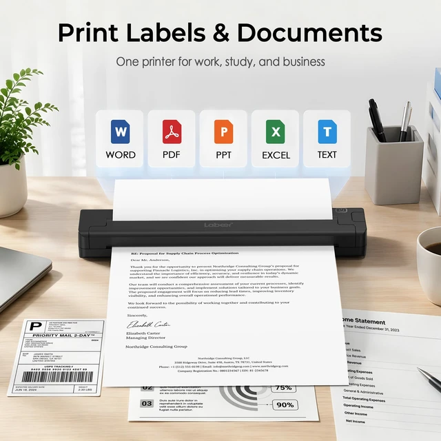 Alt view image 2 of 7 - Portable Thermal Printer, Wireless Bluetooth Inkless Printer | Supports US Letter, A4, A5 Thermal Paper, Mobile Printing for iPhone Android Laptop PC, Compact Printer for Travel Home