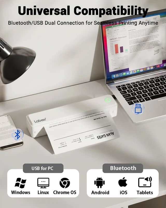 Alt view image 2 of 7 - Portable Thermal Printer, Wireless Bluetooth Inkless Printer White | Supports Letter A4 A5 Paper, Mobile Printing for iPhone Android Laptop PC, Compact Printer for Travel Home Office Students