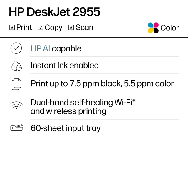 Alt view image 2 of 7 - DeskJet 2955 Wireless All-in-One Color Inkjet Printer, Scanner, Copier, Best-for-Home, 3 Month Trial of Instant Ink Included, AI-Capable (A24HJA)