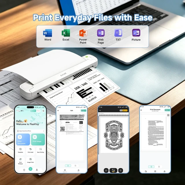 Alt view image 6 of 7 - Portable Thermal Printer ST80A, Wireless Bluetooth Inkless Printer for Travel, Supports 8.5" x 11" US Letter and A4 Thermal Paper, Compatible with iPhone, Android, Mac, Windows for Home Office
