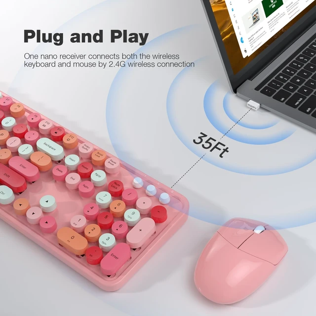 Alt view image 2 of 7 - Wireless Keyboard and Mouse Combo, Pink Wireless Keyboard, 2.4GHz Retro Full Size with Number Pad & Cute Mouse for Computer PC Laptop Windows XP/7/8/10 (Pink-Colorful)
