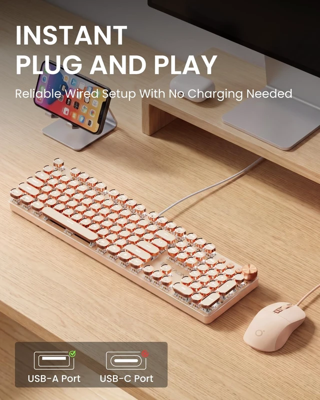 Alt view image 5 of 7 - Wired Typewriter Keyboard and Mouse Combo, Low Noise Pink Switch-Rose Gold | White , Retro Punk Keycaps, Metal Panel Mechanical Keyboard with Knob for Windows PC, Mac, Desktop, Laptop, V20