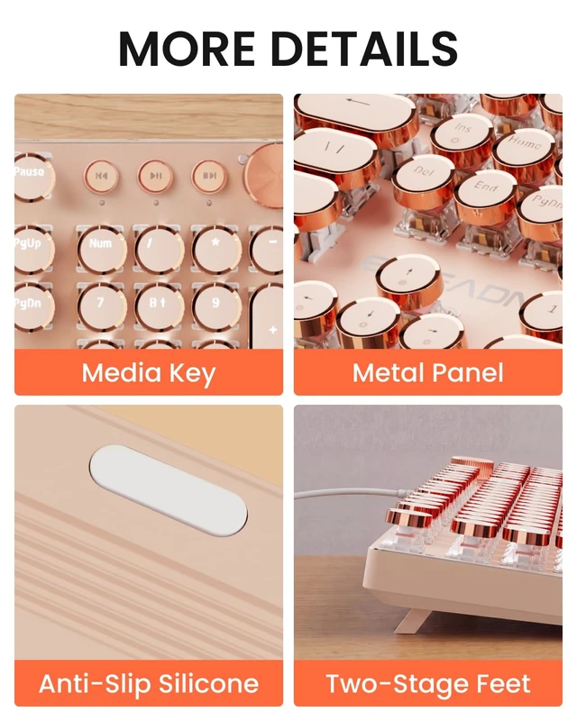 Alt view image 7 of 7 - Wired Typewriter Keyboard and Mouse Combo, Low Noise Pink Switch-Rose Gold | White , Retro Punk Keycaps, Metal Panel Mechanical Keyboard with Knob for Windows PC, Mac, Desktop, Laptop, V20