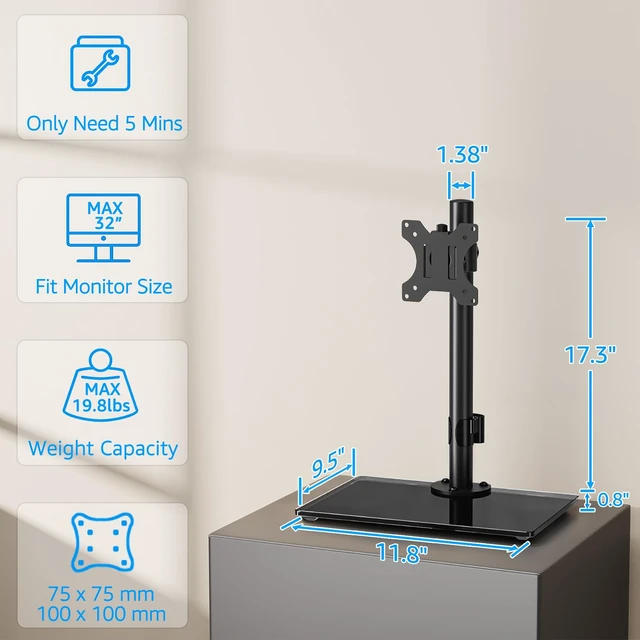 Alt view image 2 of 7 - Monitor Stand for Desk, Freestanding Monitor Mount Fits 13-32 inch Screen up to 19.8 lbs, Screen Stand with Swivel, Height, Rotation Adjustment, VESA Mount 100 x 100mm, 75 x 75mm