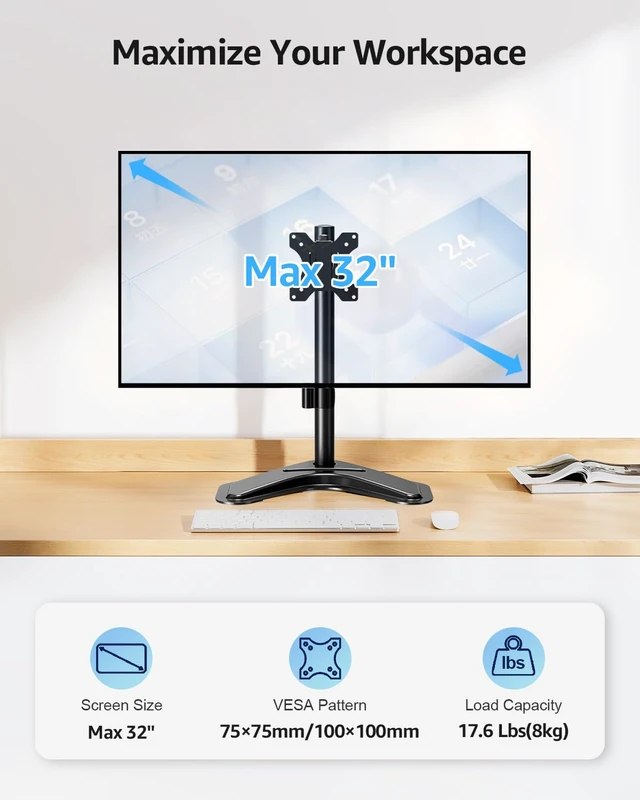 Alt view image 2 of 7 - Single Monitor Stands, Freestanding VESA Monitor Desk Mount fits 13'' to 32'' Computer Screen with Height Adjustable, Swivel, Tilt, Rotation, 17.6 lbs Load, For Home Office, VESA 75x75/100x100