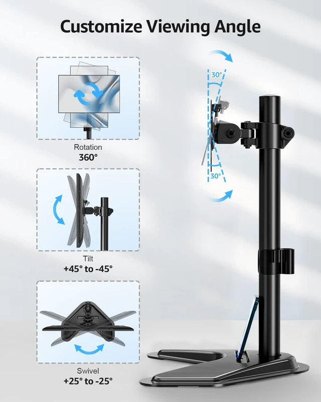 Alt view image 3 of 7 - Single Monitor Stands, Freestanding VESA Monitor Desk Mount fits 13'' to 32'' Computer Screen with Height Adjustable, Swivel, Tilt, Rotation, 17.6 lbs Load, For Home Office, VESA 75x75/100x100