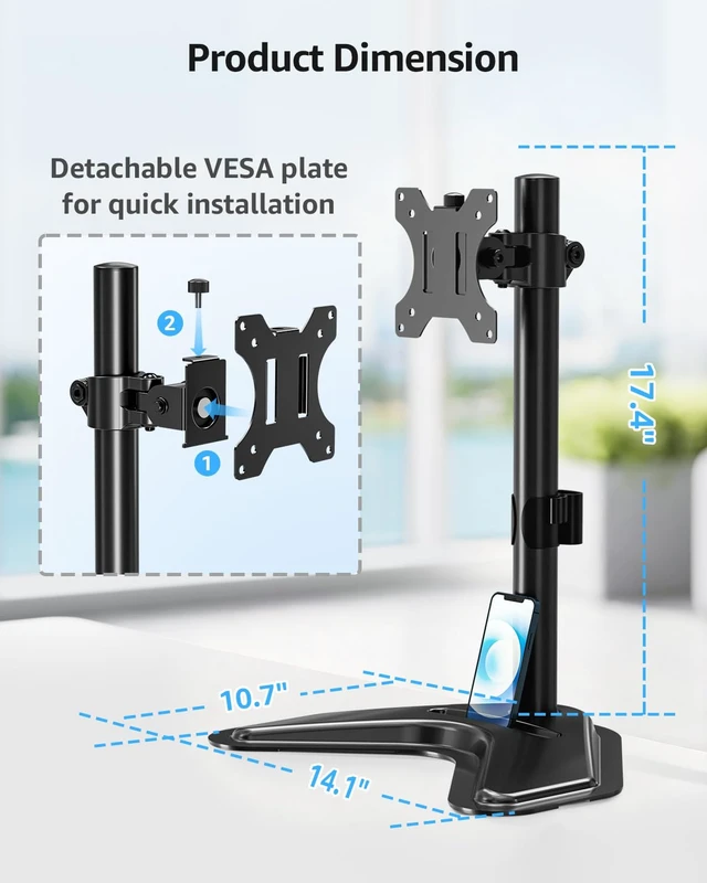 Alt view image 7 of 7 - Single Monitor Stands, Freestanding VESA Monitor Desk Mount fits 13'' to 32'' Computer Screen with Height Adjustable, Swivel, Tilt, Rotation, 17.6 lbs Load, For Home Office, VESA 75x75/100x100