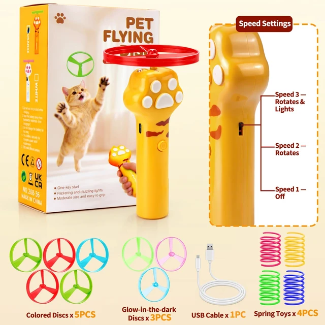 Alt view image 7 of 7 - Cat Toy Disc Launcher, Rechargeable Interactive Cat Fetch Toy Launcher with 8 Flying Discs, Flying Enrichment Toys for Indoor Bored Kittens & Adult Cats (Yellow)