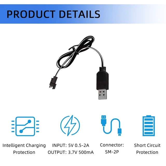 Alt view image 3 of 5 - 3.7V Battery Charger with SM-2P Plug USB Li-ion Battery Charger for RC Car Amphibious Stunt Car Trucks Boats for Bazooka Rocket Blower Bubble Gun Battery (2PCS Cable)