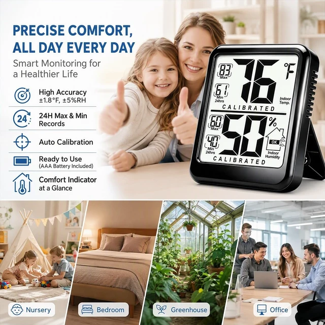 Alt view image 3 of 7 - Room Thermometer Indoor Hygrometer, Temperature and Humidity Meter | W/ Battery, 24h Max/Min Record, Accurate Sensor, Fast Refresh, Easy to View, /, Durable Kickstand, Compact, for Home Office