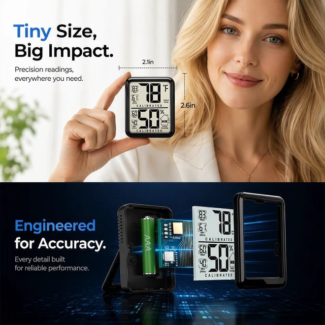 Alt view image 4 of 7 - Room Thermometer Indoor Hygrometer, Temperature and Humidity Meter | W/ Battery, 24h Max/Min Record, Accurate Sensor, Fast Refresh, Easy to View, /, Durable Kickstand, Compact, for Home Office