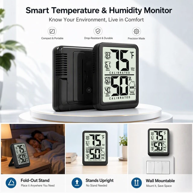 Alt view image 5 of 7 - Room Thermometer Indoor Hygrometer, Temperature and Humidity Meter | W/ Battery, 24h Max/Min Record, Accurate Sensor, Fast Refresh, Easy to View, /, Durable Kickstand, Compact, for Home Office