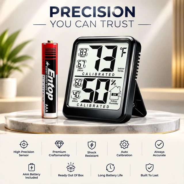 Alt view image 6 of 7 - Room Thermometer Indoor Hygrometer, Temperature and Humidity Meter | W/ Battery, 24h Max/Min Record, Accurate Sensor, Fast Refresh, Easy to View, /, Durable Kickstand, Compact, for Home Office