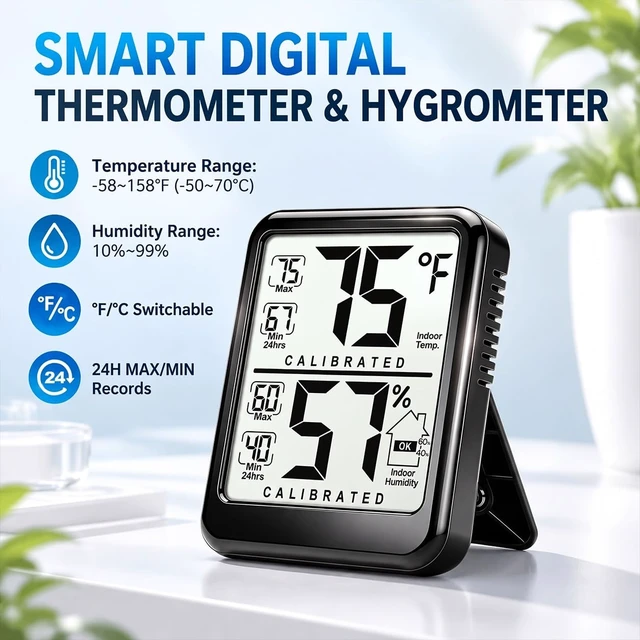 Alt view image 7 of 7 - Room Thermometer Indoor Hygrometer, Temperature and Humidity Meter | W/ Battery, 24h Max/Min Record, Accurate Sensor, Fast Refresh, Easy to View, /, Durable Kickstand, Compact, for Home Office