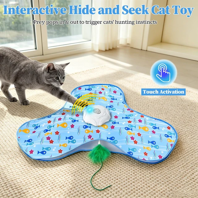 Alt view image 2 of 7 - Interactive Cat Toys for Indoor Cats, Automatic Hide and Seek Motion-Activated Cat Toy with Moving Feather & Animal Chirps, USB Rechargeable Electric Cat Enrichment Toy for Bored Adult Cats & Kittens
