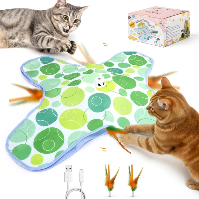 Main image of Interactive Cat Toys for Indoor Cats, Hide and Seek Cat Toy, 2 in 1 Automatic Moving Concealed Feathers Cat Toy Mat, Non-Slip Suction, Touch Activated, USB Rechargeable, Green