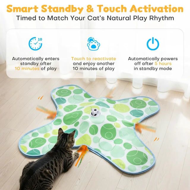 Alt view image 3 of 7 - Interactive Cat Toys for Indoor Cats, Hide and Seek Cat Toy, 2 in 1 Automatic Moving Concealed Feathers Cat Toy Mat, Non-Slip Suction, Touch Activated, USB Rechargeable, Green