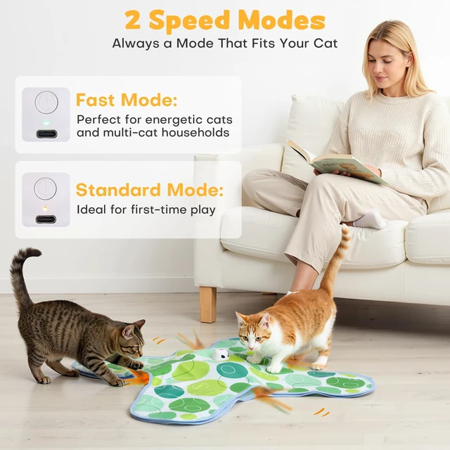 Alt view image 5 of 7 - Interactive Cat Toys for Indoor Cats, Hide and Seek Cat Toy, 2 in 1 Automatic Moving Concealed Feathers Cat Toy Mat, Non-Slip Suction, Touch Activated, USB Rechargeable, Green