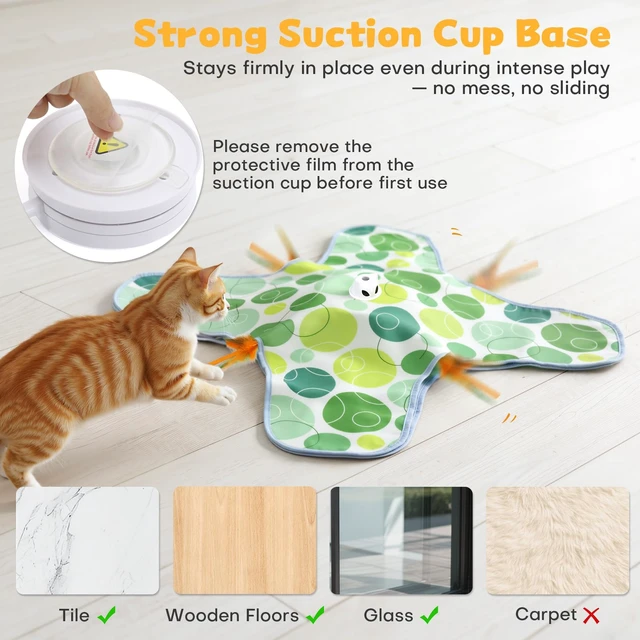 Alt view image 6 of 7 - Interactive Cat Toys for Indoor Cats, Hide and Seek Cat Toy, 2 in 1 Automatic Moving Concealed Feathers Cat Toy Mat, Non-Slip Suction, Touch Activated, USB Rechargeable, Green