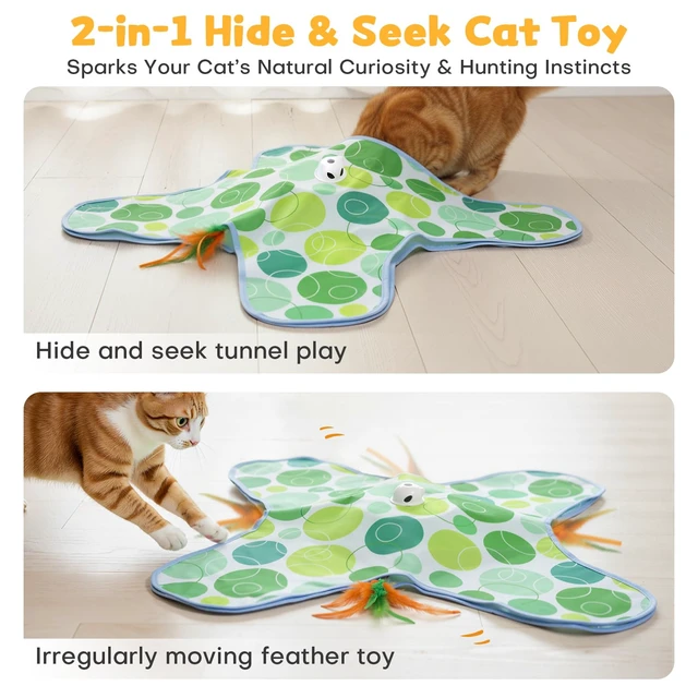 Alt view image 2 of 7 - Interactive Cat Toys for Indoor Cats, Hide and Seek Cat Toy, 2 in 1 Automatic Moving Concealed Feathers Cat Toy Mat, Non-Slip Suction, Touch Activated, USB Rechargeable, Green