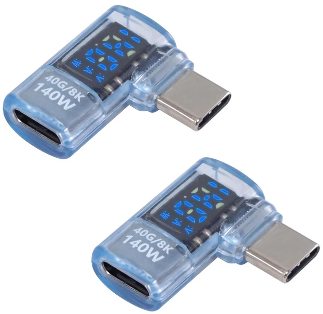 Main image of Right Angle USB C Adapter 40Gbps, 2-Pack 140W USB C Male to Female Extension Adapter 8K@60Hz USB Type C Meter Tester with LED Display for Thunderbolt 4, MacBook, Laptop