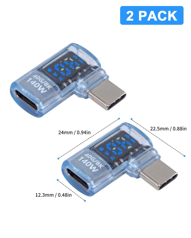 Alt view image 7 of 7 - Right Angle USB C Adapter 40Gbps, 2-Pack 140W USB C Male to Female Extension Adapter 8K@60Hz USB Type C Meter Tester with LED Display for Thunderbolt 4, MacBook, Laptop