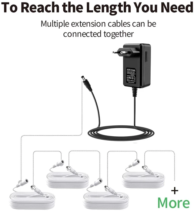 Alt view image 5 of 7 - 6.6FT 2M DC Power Extension Cable 5.5 mm x 2.1 mm 5521 Male to Female 12V DC Adapter Cord Compatible with CCTV Security IP Camera, Survelliance DVR NVR System, LED Strip, Monitors (White)