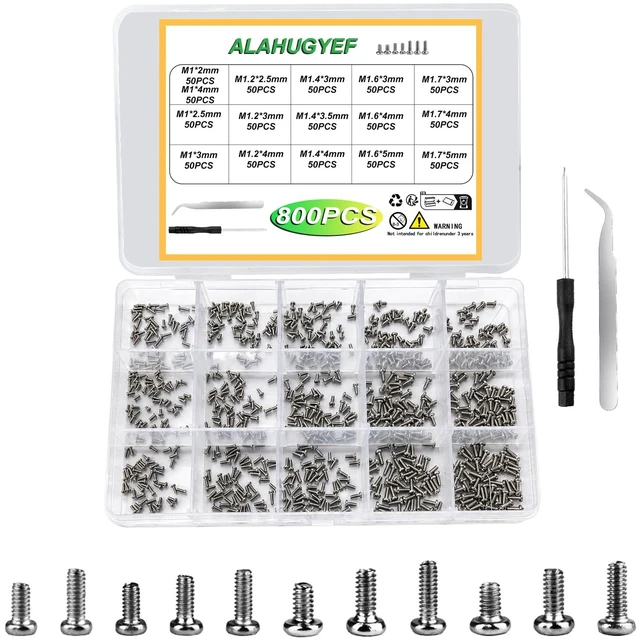 Main image of Tiny Screws for Electronics, 800 pcs Pan Head Machine Screws Assortment Kit | Micro Screws For Electronic and Eyeglass Repair, Nickel-Plated Carbon Steel, M1/M1.2/M1.4/M1.6/M1.7