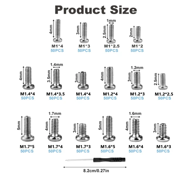 Alt view image 2 of 7 - Tiny Screws for Electronics, 800 pcs Pan Head Machine Screws Assortment Kit | Micro Screws For Electronic and Eyeglass Repair, Nickel-Plated Carbon Steel, M1/M1.2/M1.4/M1.6/M1.7