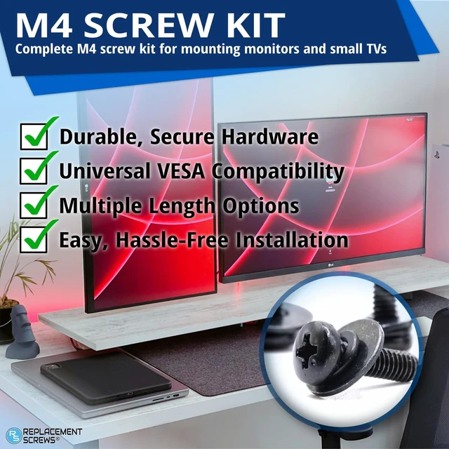 Alt view image 2 of 7 - VESA Compatible M4 10mm TV/Monitor Wall Mount Screws | Fits 75x75mm and 100x100mm Brackets, For Mounting Any TV / Monitor Brand, Metric Screws & Washers